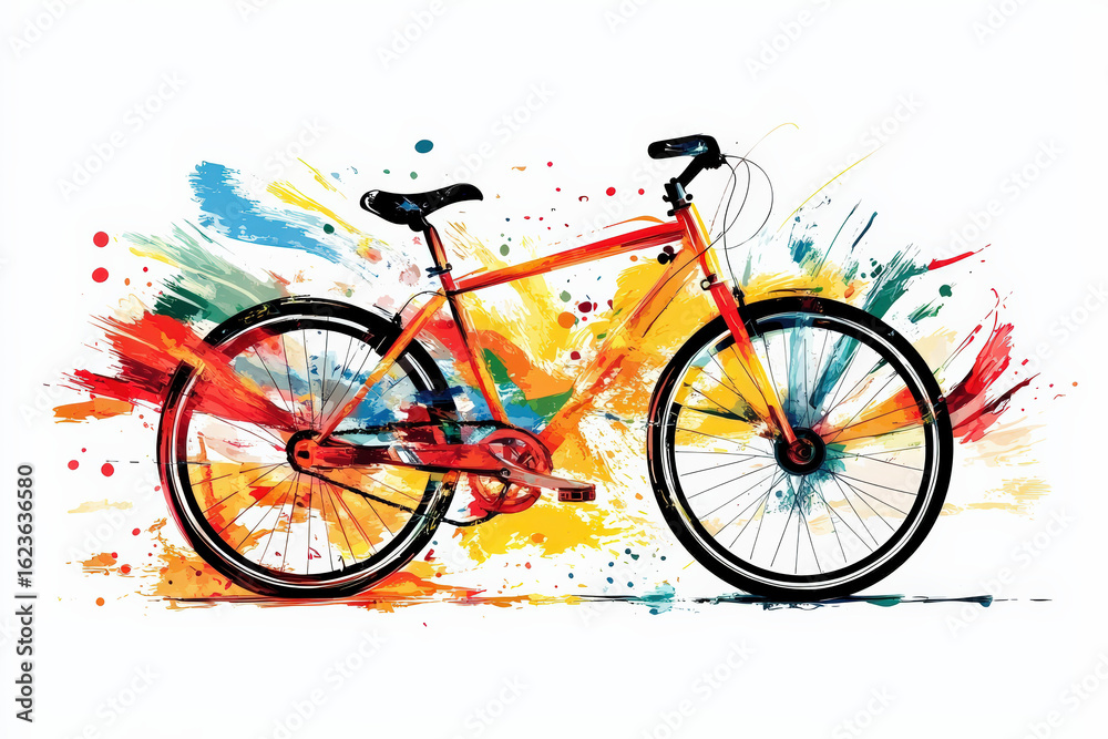Fototapeta premium Colorful Abstract Bicycle Illustration with Watercolor Splash Effects.