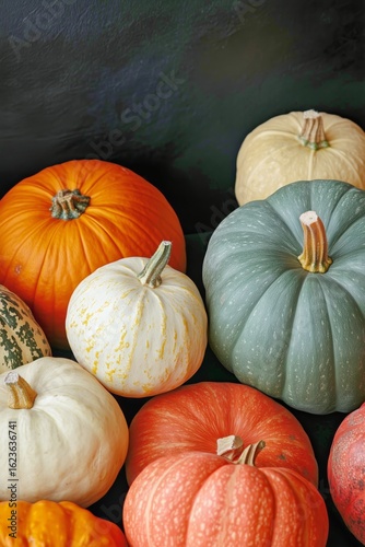 Colorful Pumpkins Arranged Artistically on a Dark Background for Autumn Decor...