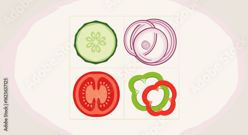Illustration showing slices of cucumber onion tomato and bell pepper arranged in a square pattern format