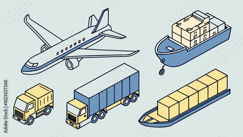 Isometric transportation logistics delivery shipping cargo plane truck boat vector