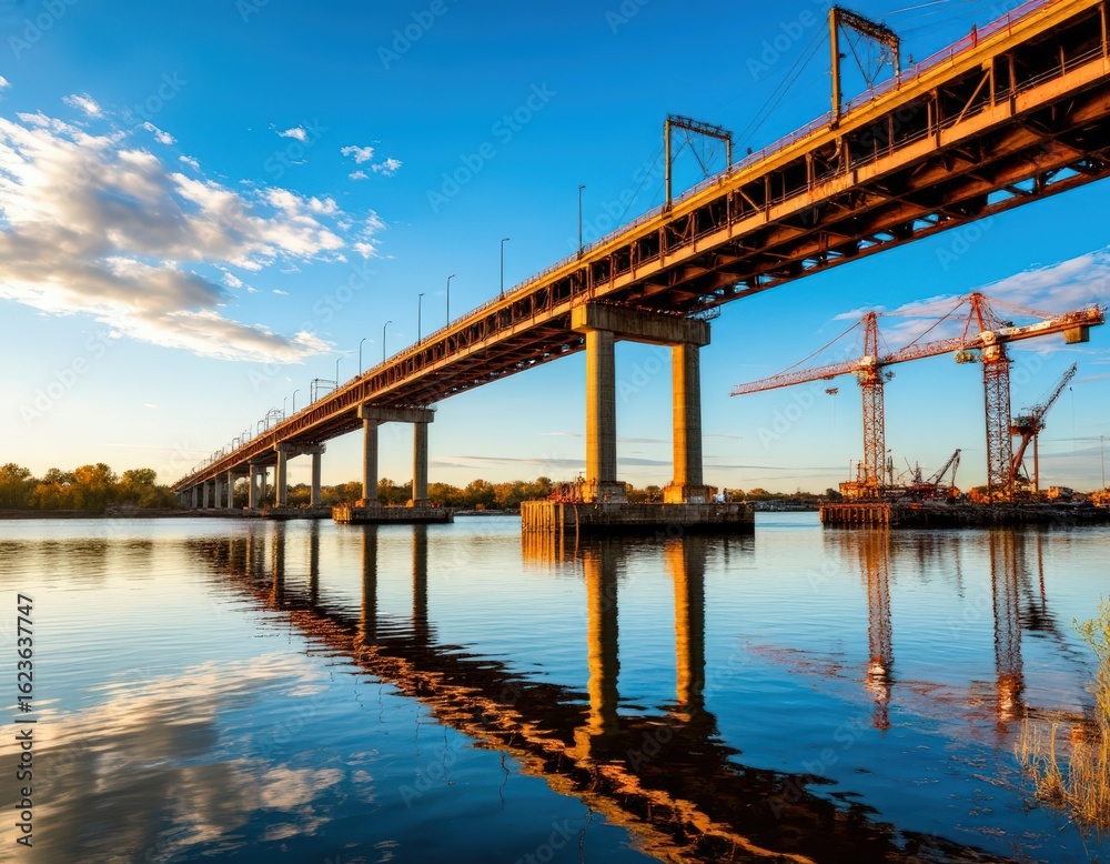 Obraz premium A new vehicular bridge spanning a river, with partial steel frame installed.