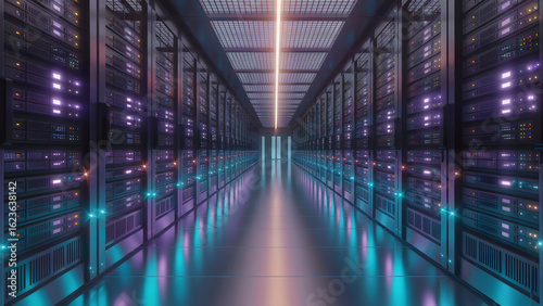 Experience the vibrant, futuristic heart of a high-tech data center, showcasing powerful servers and digital connectivity