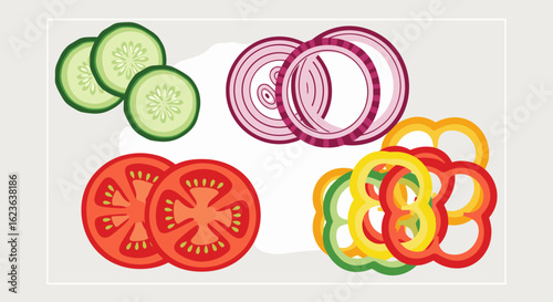 Illustration of sliced cucumbers onions tomatoes and bell peppers arranged on a white surface artfully