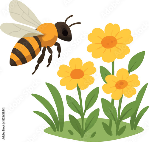 Isometric vector bee hovering near flower patch, wings translucent, vector-friendly, isolated on white