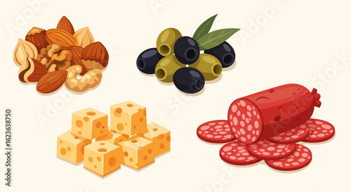 Illustration of various food items including nuts olives cheese cubes and sliced salami on a plain background