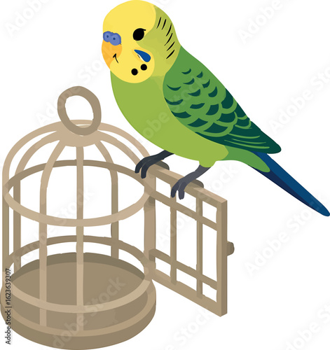 Isometric vector budgie standing on open cage door, head tilted, vector-friendly, isolated on white