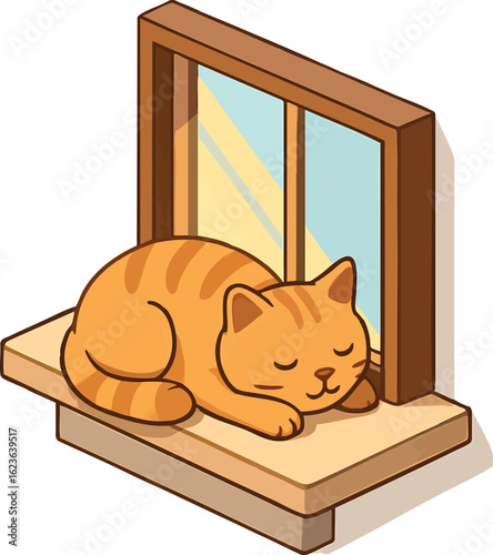 Isometric vector cat sleeping on windowsill with sunlight, vector-friendly, isolated on white