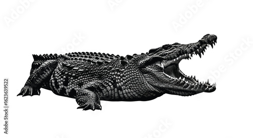 Monochrome crocodile with open mouth, showcasing teeth, scales
