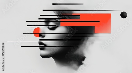 Abstract face portrait with geometric shapes and blurred lines on a white background.