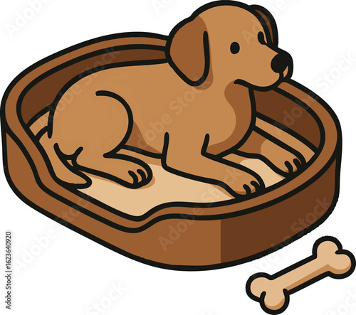 Isometric vector dog lying in pet bed with chew toy, vector-friendly, isolated on white