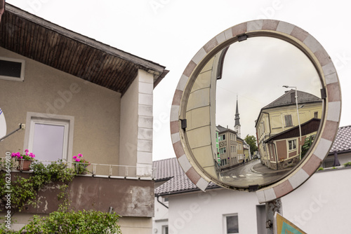 Slika na platnu street scene in Bad Leonfelden, captured through a circular convex mirror