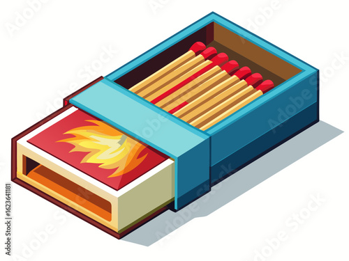 Minimal matchbox with open drawer revealing red-tipped matches, clean and graphic object on white