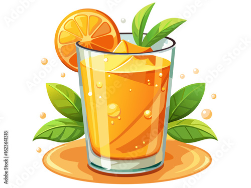 A glass of fresh orange juice with condensation, placed on white background, healthy drink concept