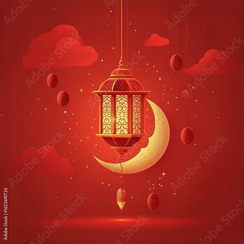 Decorative Lantern Hanging Against a Starry Red Background With Clouds and a ...