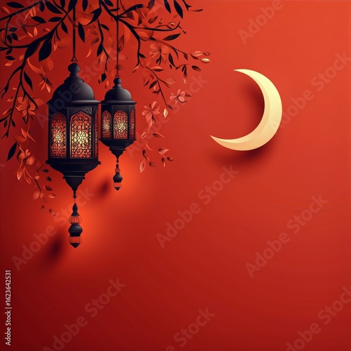 Decorative Lanterns and Crescent Moon on a Warm Orange Background for Festive...