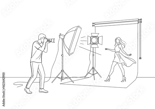 Illustration of a fashion photographer capturing a model in a studio setting with lighting equipment for artistic purposes, monochrome black and white