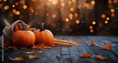 Autumn Harvest Display Featuring Pumpkins and Fall Decorations in Warm, Illum...