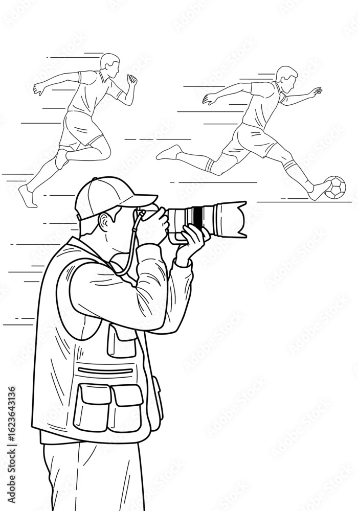 Fototapeta premium Illustration of a sports photographer capturing a soccer player in action during a game, monochrome black and white, copy space