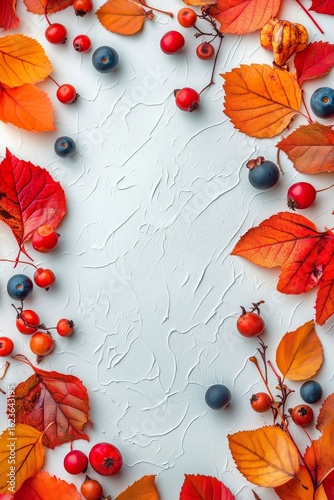 Colorful Autumn Leaves and Berries Create a Vibrant Border With Empty Space f...