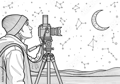 Illustration of a photographer observing the moon and constellations with a camera on a tripod in a night sky setting, monochrome black and white, copy space