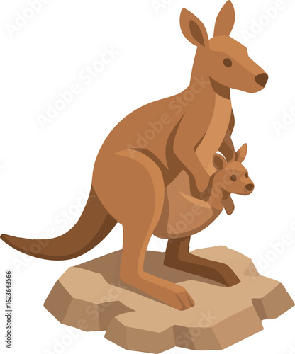 Isometric vector kangaroo with baby in pouch, standing on rocky base, vector-friendly, isolated on white