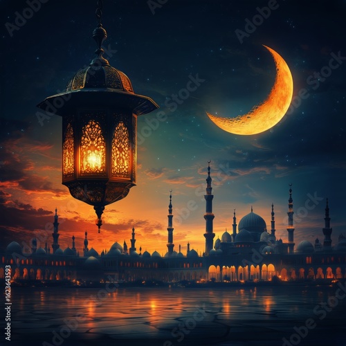 Majestic Lantern Shines Against Crescent Moonlit Skyline at Dusk