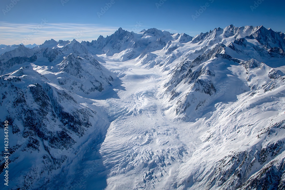 Obraz premium alpine valley blanketed in white under clear blue skies 