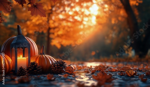 Rustic Autumn Decor With Pumpkins, Lanterns, and Pine Cones in a Tranquil For...