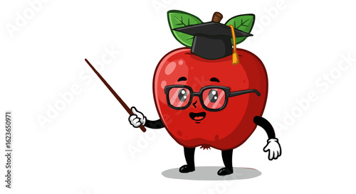 Cartoon apple character wearing glasses and graduation cap holding a pointer stick for education use