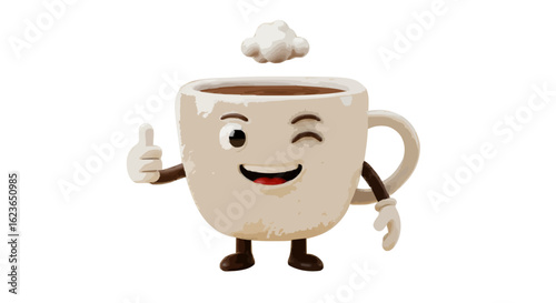 Cartoon coffee mug character with steam winking and giving a thumbs up on a white background image