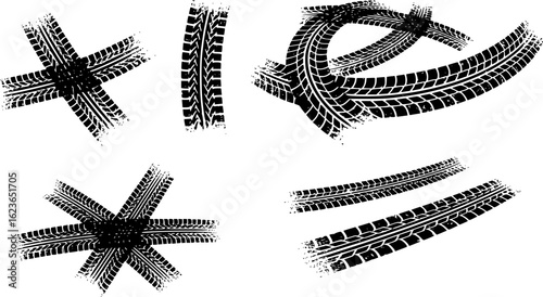 Tire tracks after skidding, launch, drift, powerslide in motorsport, rally, off-road, motocross. Wheel texture with splash effect. Vector, EPS version.