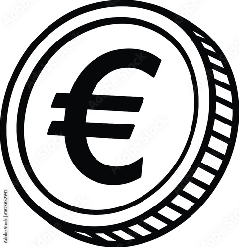 Black and White Vector Icon of a Euro Coin