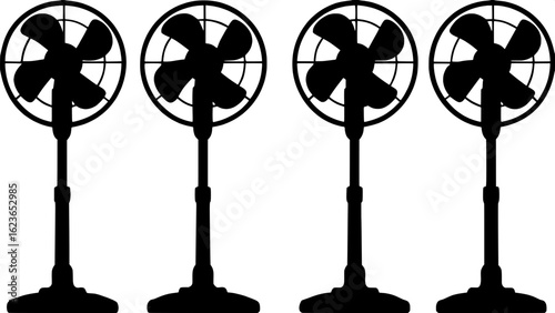 "Four industrial-style black silhouette pedestal fans seen from a slightly higher angle, spaced diagonally across a light steel-blue background. Each fan is identical, with simple propeller blades ins