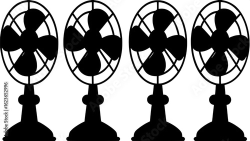 "Four industrial-style black silhouette pedestal fans seen from a slightly higher angle, spaced diagonally across a light steel-blue background. Each fan is identical, with simple propeller blades ins