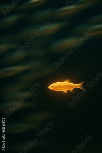 Single glowing golden fish swimming against the current of a blurred school of fish