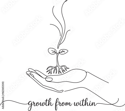 Growth from Within Line Art Illustration of a Sprout in Hand for Personal Development