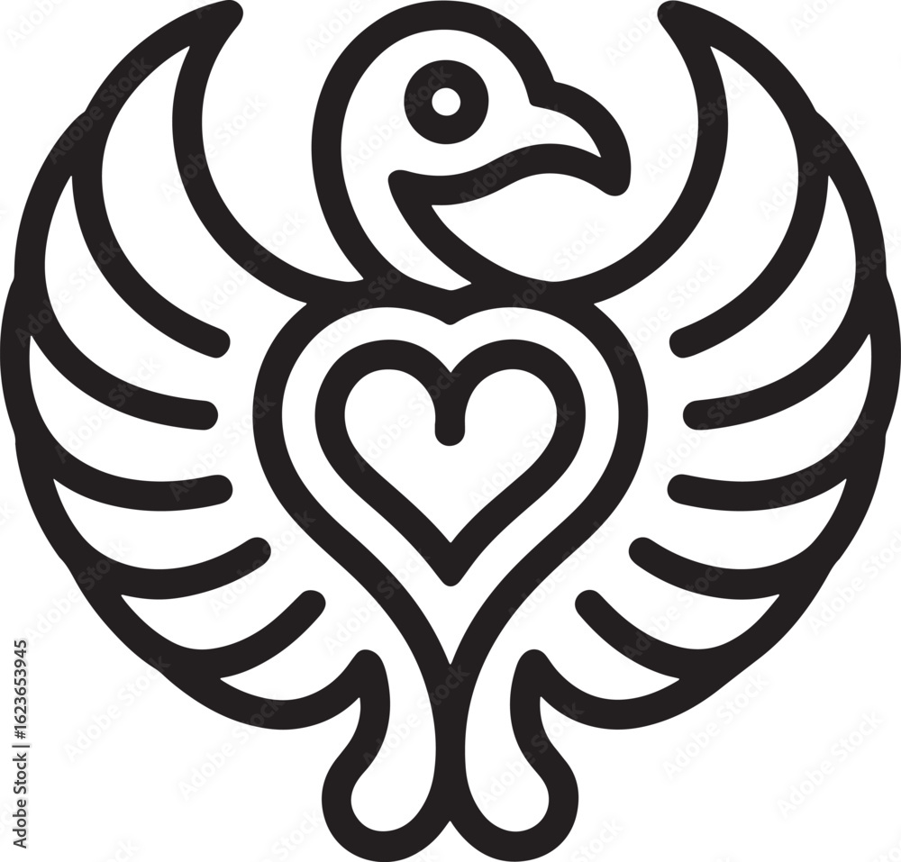 Naklejka premium Stylized Bird Emblem with Heart Center A Symbol of Peace and Affection in Elegant Line Art