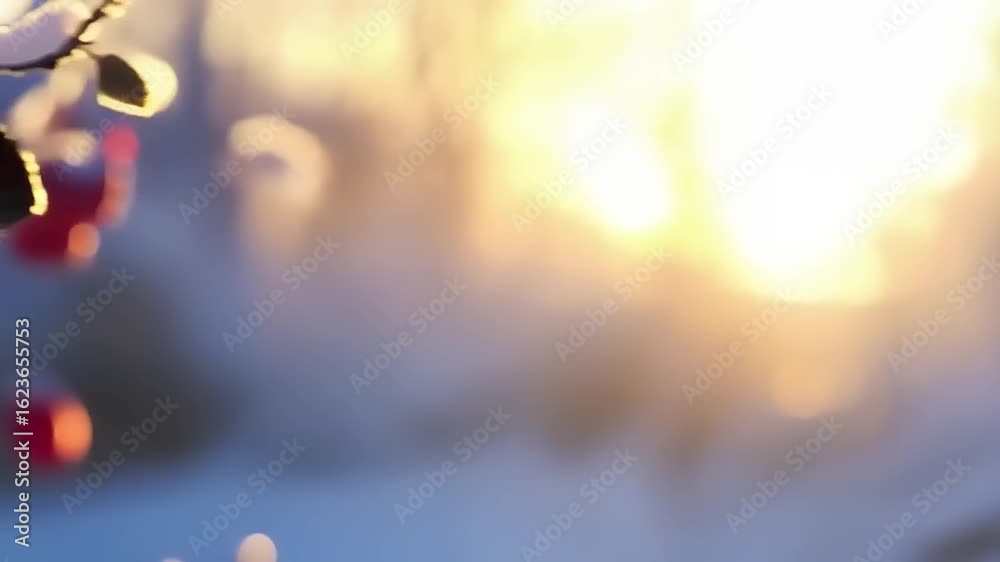Crimson berries kissed by winter snow: A seasonal nature tableau under golden sunlight