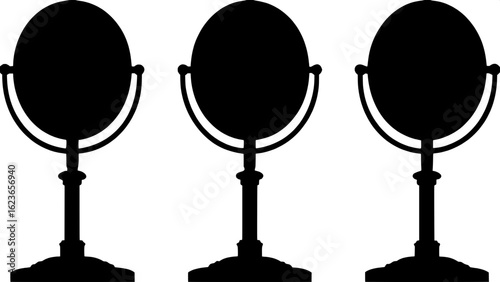 "Three minimalist black silhouette standing microphones with circular pop filters, evenly spaced horizontally across a light gray background. Each microphone stand is vertically aligned with its base.