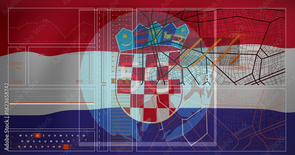 Fototapeta premium Displaying Croatian coat of arms on flag backdrop at data UI, showing map overlays, hex networks