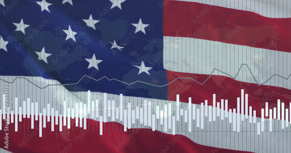 Fototapeta premium Displaying vertical bar chart, faint line graphs and world map in graphic, with American flag