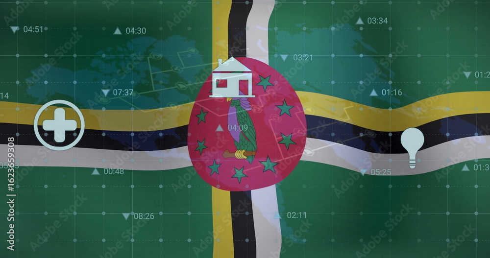 Naklejka premium Showing Dominica flag red circle featuring Sisserou parrot with stars on data dashboard, with icons