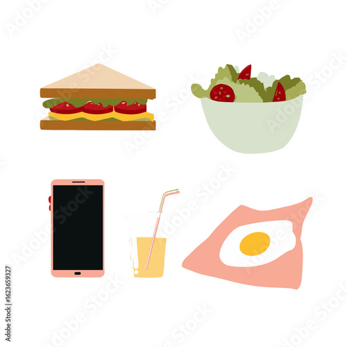 An illustration depicting lunch, includes sandwich, salad, glass of juice, fried egg and smartphone.