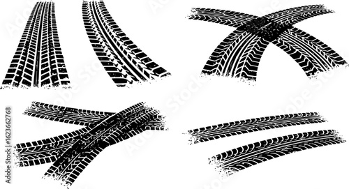 Tire tracks after skidding, launch, drift, powerslide in motorsport, rally, off-road, motocross. Wheel texture with splash effect. Vector, EPS version.