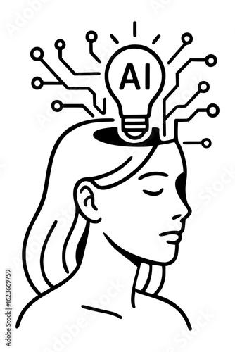 Artificial Intelligence and Human Mind Concept – Woman with AI Lightbulb and Circuit Illustration in Line Art