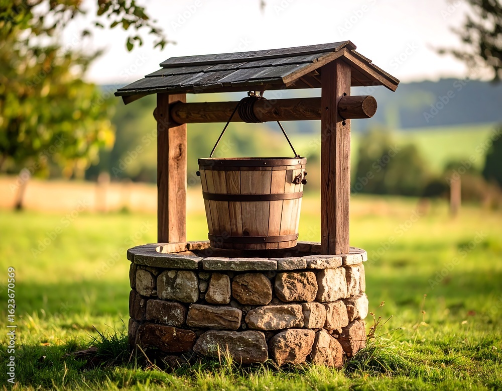 Fototapeta premium Rustic well in a grassy field