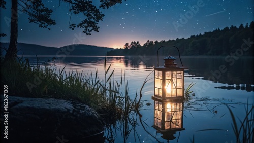 Glowing lantern casts serene light on tranquil lake under starry night sky for peaceful escape