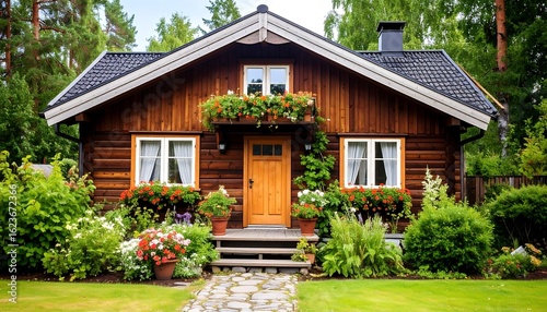 Charming log cabin with lush garden
