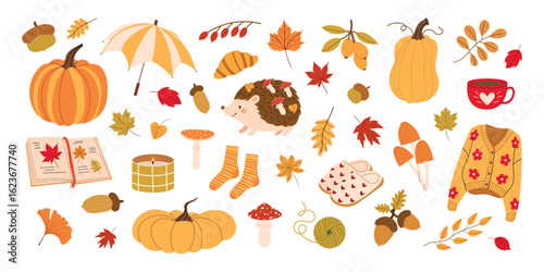 Autumn cozy elements set. Cute fall collection with sweater, hedgehog, pumpkins, leaves, cup, candle, mushrooms, socks, book and yarn. Vector illustration with warm seasonal vibes.
