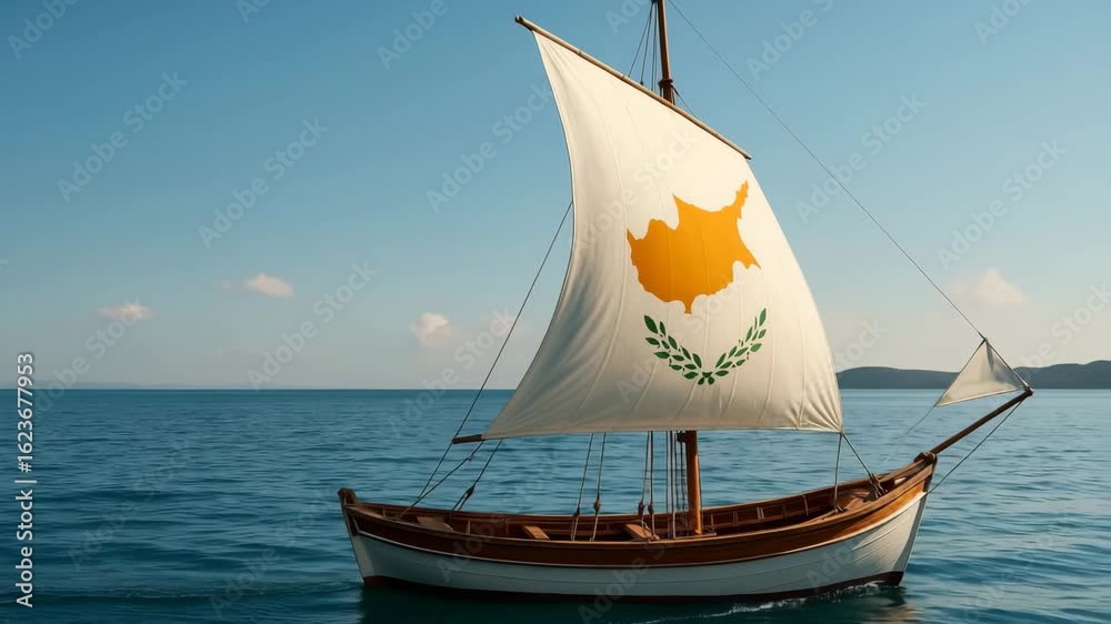 Sailing boat with Cyprus flag on sail, floating on calm Mediterranean Sea under clear blue sky, symbolizing Cyprus Independence Day celebration